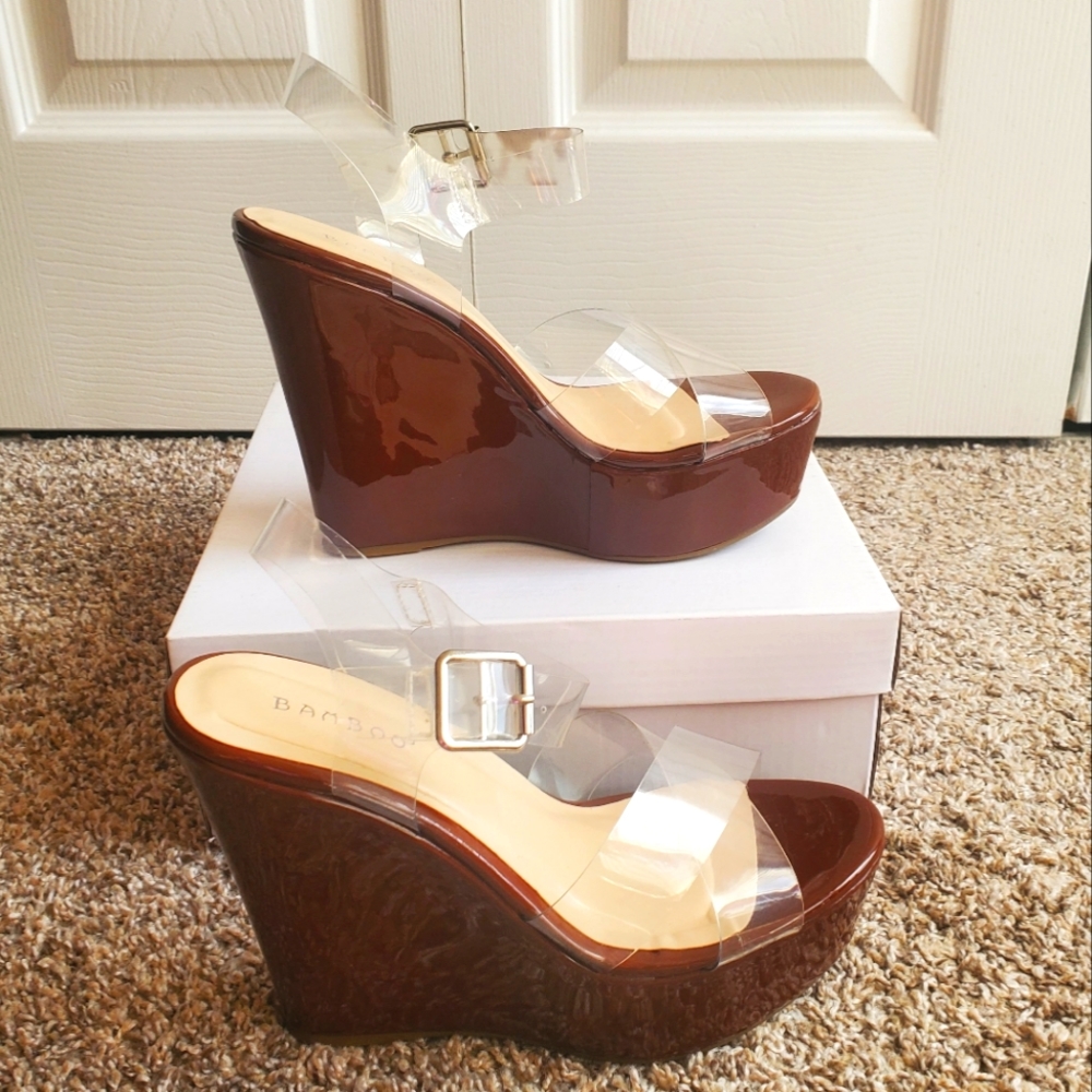 Bamboo Brown Platform Wedges Size 7